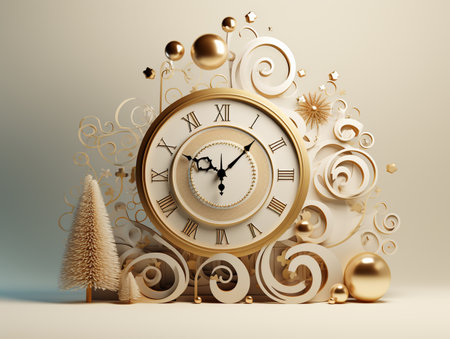 3d render of christmas background with clock and ornamentsの素材