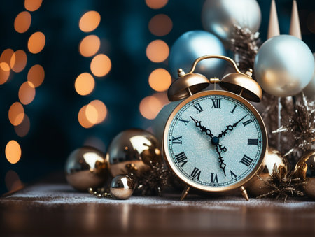 Alarm clock and Christmas tree decorations on bokeh background.の素材
