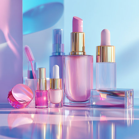Cosmetic set on a blue background. 3d rendering toned imageの素材