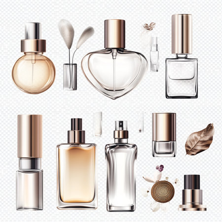 Perfume bottles set isolated on transparent background. Vector illustration.の素材