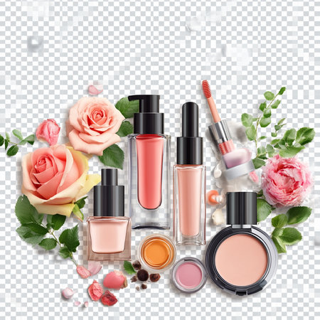 Set of cosmetic products with flowers on transparent background. Vector illustration.の素材