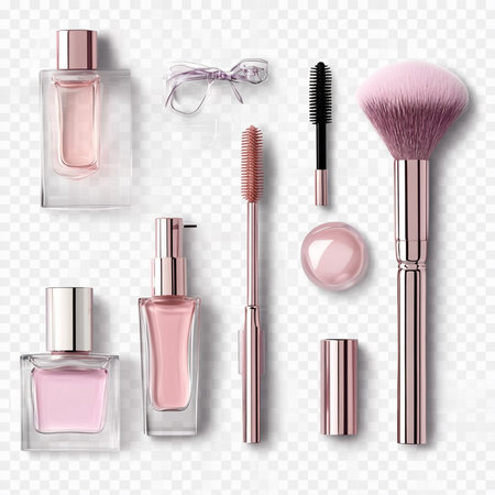 Set of makeup brushes and cosmetics isolated on transparent background. Vector illustrationの素材