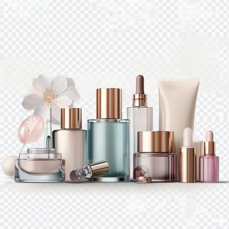 Set of cosmetic products and flowers on a transparent background. Vector illustration.の素材