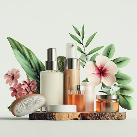 Set of cosmetic products with flowers and leaves on white background. Skin care conceptの素材