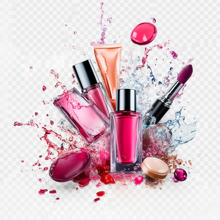Pink nail polish bottles with splashes and drops isolated on transparent backgroundの素材
