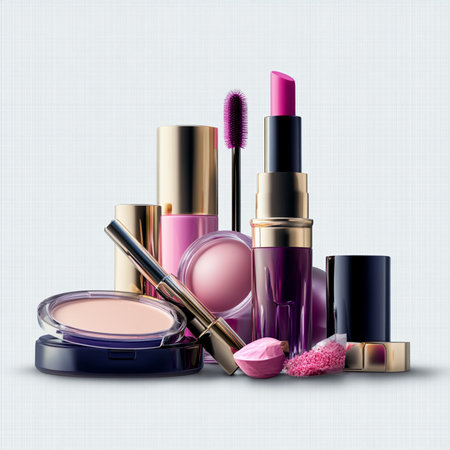 Cosmetic set with lipstick, mascara, nail polish, eyeshadow, powder and brush.の素材