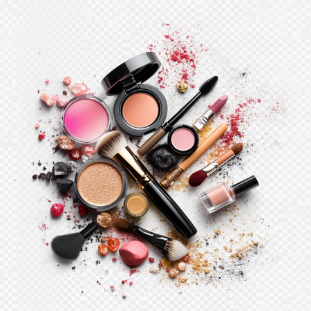 Makeup cosmetics set on transparent background. Top view, flat layの素材