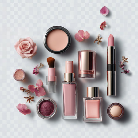Set of cosmetic products and flowers on transparent background. Top view.の素材