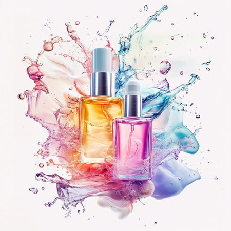 Bottles of perfume with colorful splashes and drops on white backgroundの素材