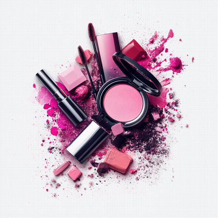 collection of  various make up and cosmetic beauty products arranged on white backgroundの素材