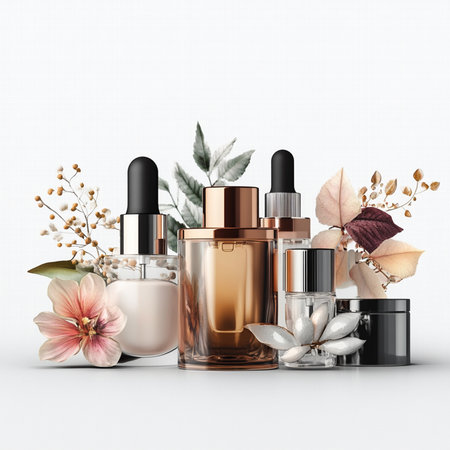 Cosmetics and skincare products in realistic 3d composition.の素材