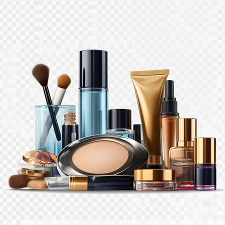 Set of cosmetic products. Makeup brushes, powder, concealer, foundation, powder, eye shadows. Realistic vector illustrationの素材