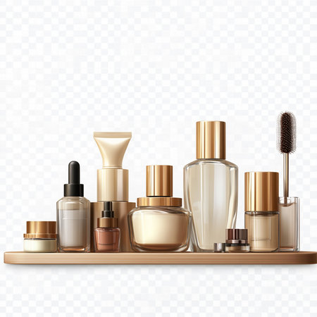 Set of cosmetic products on a shelf. Realistic vector illustration.の素材
