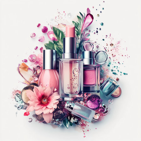 Nail polish bottles, flowers and cosmetics on a white background.の素材