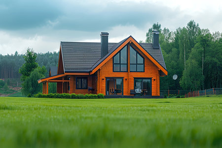 Modern wooden house on green meadow in summer. Country cottage.の素材