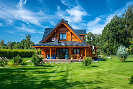 Modern wooden house in the garden with grass and blue sky background.の素材