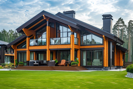 Modern wooden house with garden and outdoor terrace, summer time.の素材