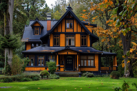 Beautiful wooden house in the autumn park. Poland, Europe.の素材