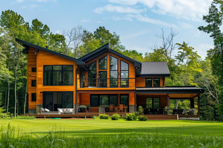 Luxury wooden house in the park with green grass and treesの素材