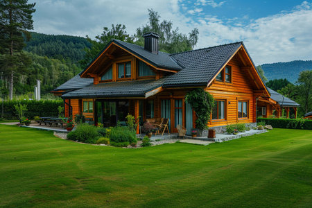 Beautiful wooden house in the mountains. Beautiful summer landscape with green grass.の素材
