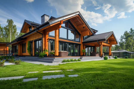 Luxury house exterior with garden and lawn. Northwest, USAの素材