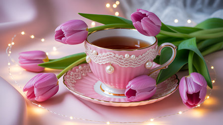 Cup of tea with pink tulips on a pink background.の素材