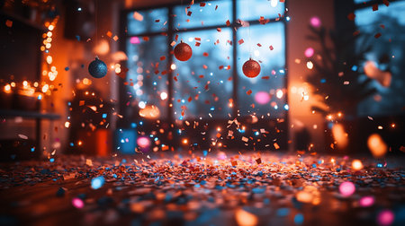 3D rendering of flying Christmas balls and confetti in the roomの素材