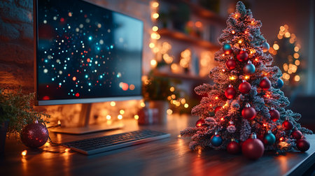 Christmas tree with decorations on the desktop in the interior of the roomの素材