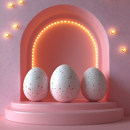 3d render of three white easter eggs on a pink backgroundの素材