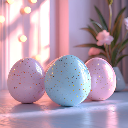 3d render of pastel pink and blue Easter eggs on white tableの素材