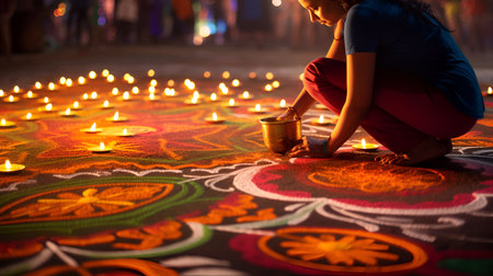 Little girl praying and lighting candles on Diwali festival in Indiaの素材