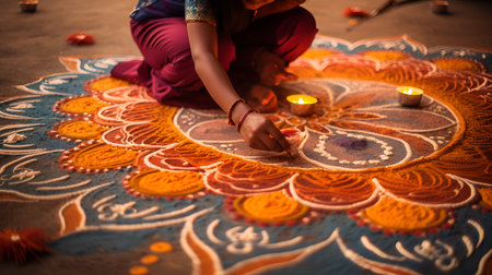 Indian festival diwali - Diwali, Diwali or Deepawali oil lamps lit on colorful rangoliの素材