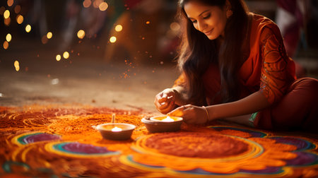 Beautiful Indian woman lighting diwali diya on colorful rangoliの素材