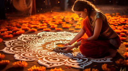 Indian woman pouring water on the flower petals of orange marigold.の素材