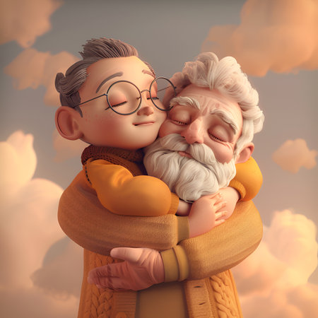 Grandfather and grandson hugging in the sky with clouds. 3d illustration.の素材