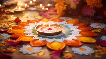 Indian festival Diwali, Diya oil lamps lit on colorful rangoli. Hindu traditional.の素材