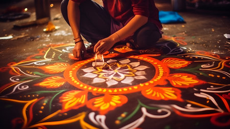 Close-up of woman making diwali diya on the floorの素材
