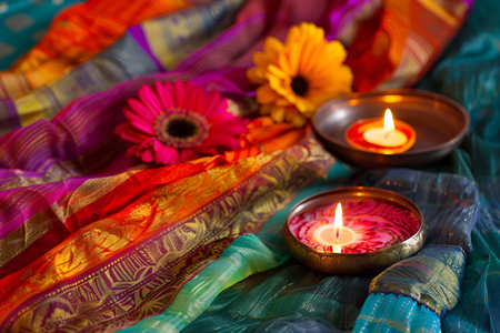 Beautiful diwali background with flowers and candles, selective focusの素材