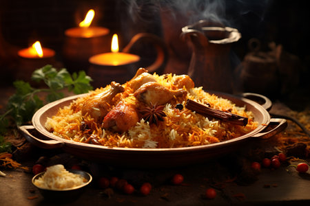 Traditional pilaf with chicken and saffron on a wooden tableの素材