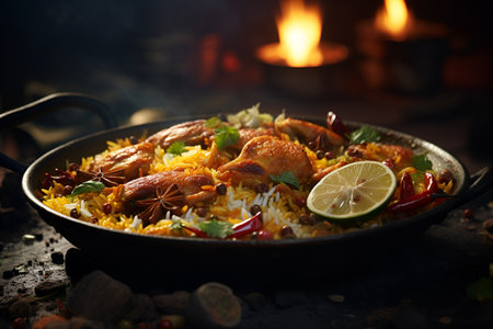 Pilaf with chicken, rice, spices and vegetables on dark backgroundの素材