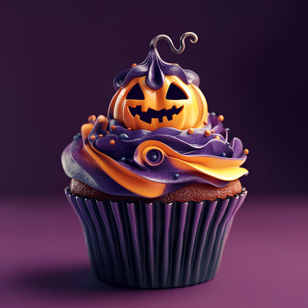 Halloween cupcake with purple frosting and pumpkin jack o lanternの素材