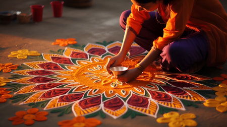 Closeup of Indian woman making a mandala for Diwali festivalの素材