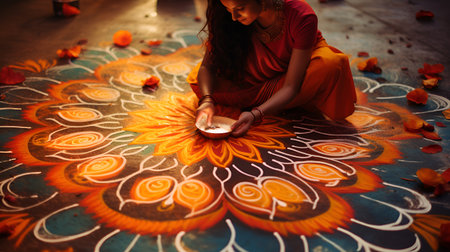 Indian woman in saree with poppies in her hands.の素材