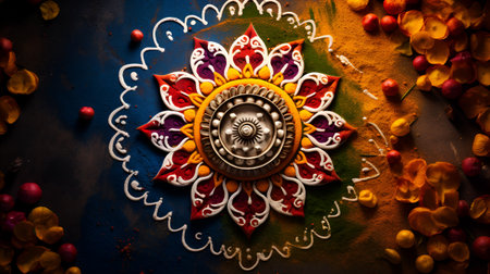 Indian Festival Dussehra, showing flower and leaf on colorful backgroundの素材