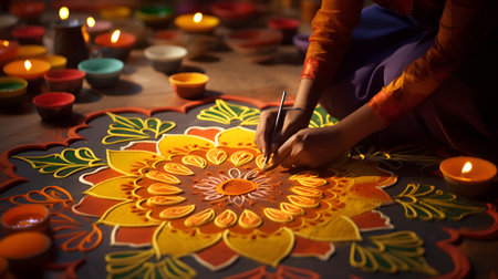 Close-up of Indian woman making mandala for Diwali festivalの素材