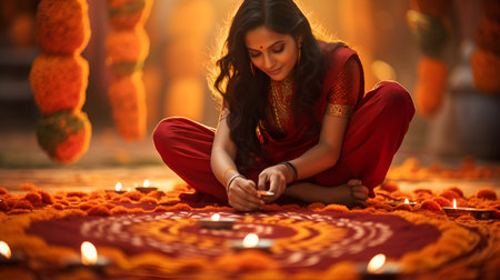 Indian woman making diwali or deepawali on the carpetの素材