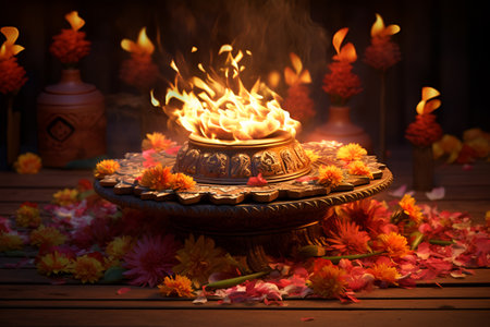 Flame of Diwali oil lamp with flower petals.の素材