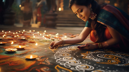Beautiful indian woman with diwali diya on the floorの素材