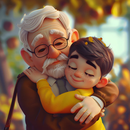 3d illustration of a cute little girl hugging her grandfather in the autumn parkの素材