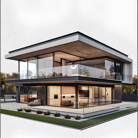 3d rendering of modern cozy house with garage and pool for sale or rent with wood plank facade. Black and white colors.の素材